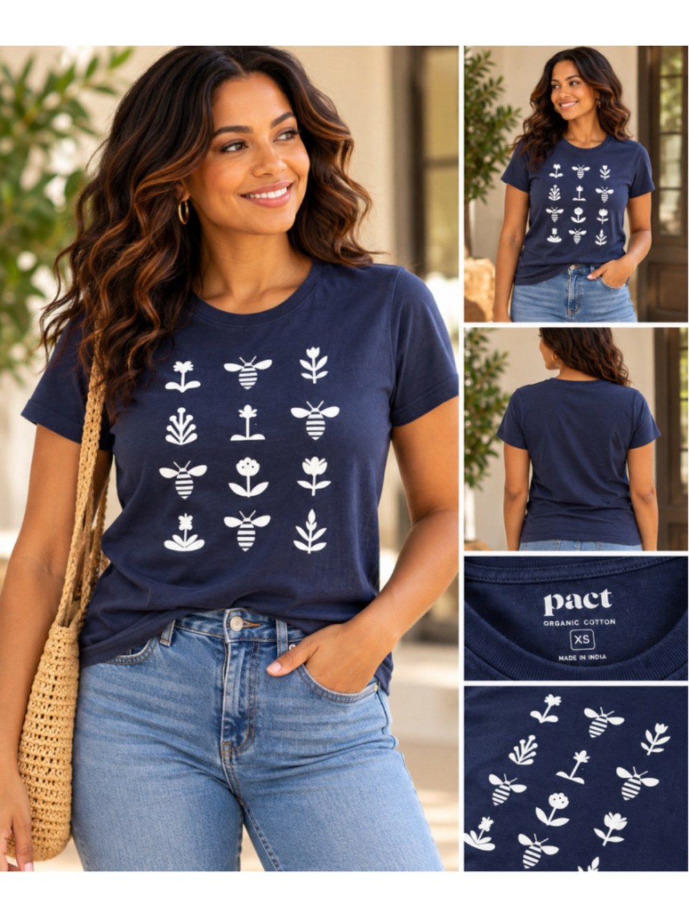 Pact Organic Cotton Navy Bee Floral Graphic T-Shirt Women’s XS